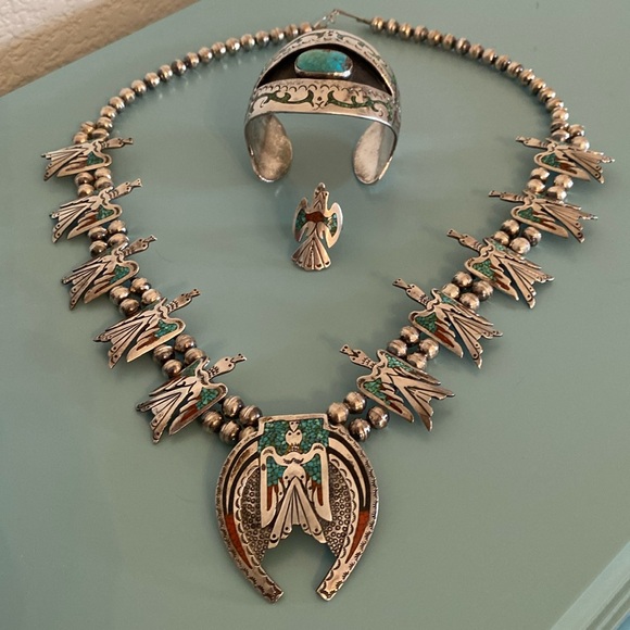 Silver Handmade Vintage Squash Blossom Necklace, Bracelet, Ring - Picture 2 of 16